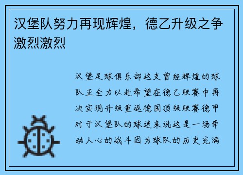 汉堡队努力再现辉煌，德乙升级之争激烈激烈